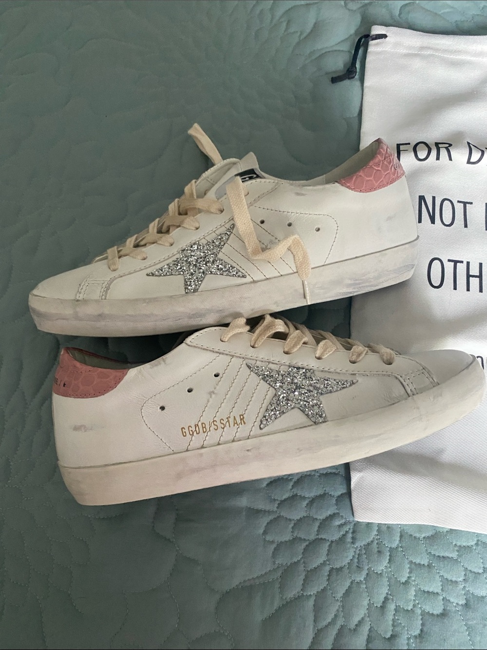 Golden Goose Super Star Leather Sneakers with Silver Glitter Star White& Pink